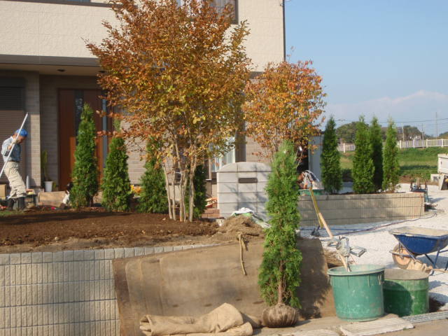 落葉の中の作業